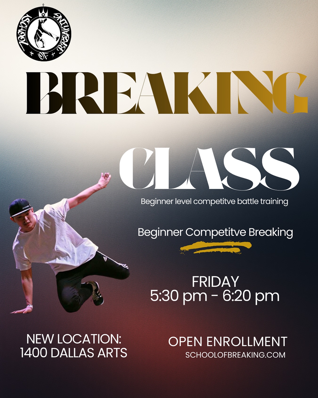 Friday beginner competitive breaking class with @krischian_nemui at our new location.

This is an introductory-level battle training class designed to help students prepare for breaking competitions.

Friday beginner competitive breaking
5:30 pm - 6:20 pm

New location:
1400 Dallas Arts

For more information on classes and programs, see the link in our bio!