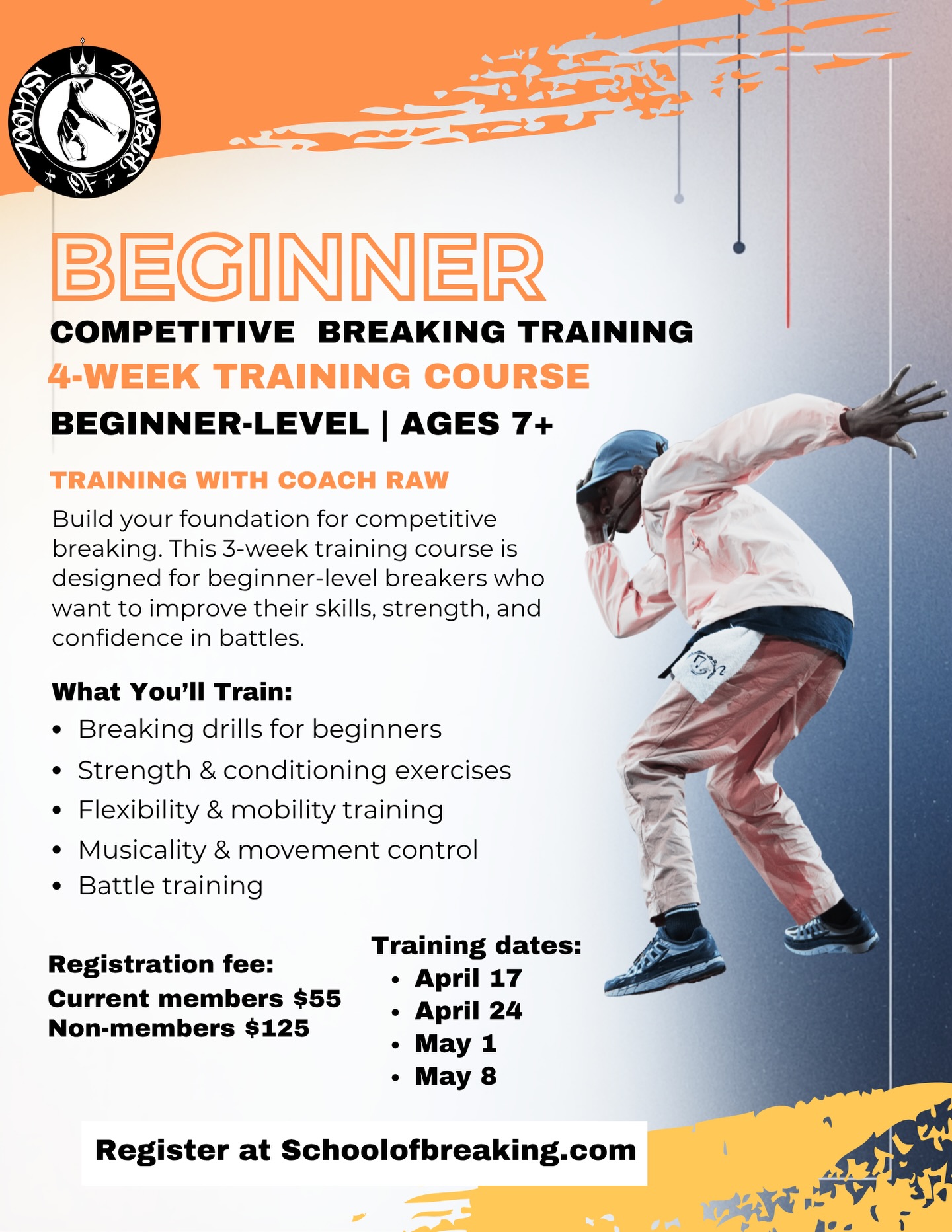 🚨 YOUTH BREAKING TRAINING IS HERE 👟🔥

This beginner competitive training series is built for youth (7+) who want to level up, build confidence, and step into the battle scene.
Train with technique specialist @rawskeleton_tfs and learn what it really takes to grow as a competitive breaker 👇 💪 Strong breaking foundation 🥊 How to train for battles 🧠 Smart & effective practice habits
🖼️ Developing your own unique style

💥 Includes 3 training sessions + 1 PRACTICE BATTLE
📅 April 17 | April 24 | May 1 | May 8
⚠️ Limited spots — don’t wait! 👉 Register now at schoolofbreaking.com (or hit the link in bio)

#breaking #bboy #bgirl #youthtraining #dancecommunity nextgeneration hiphopdance