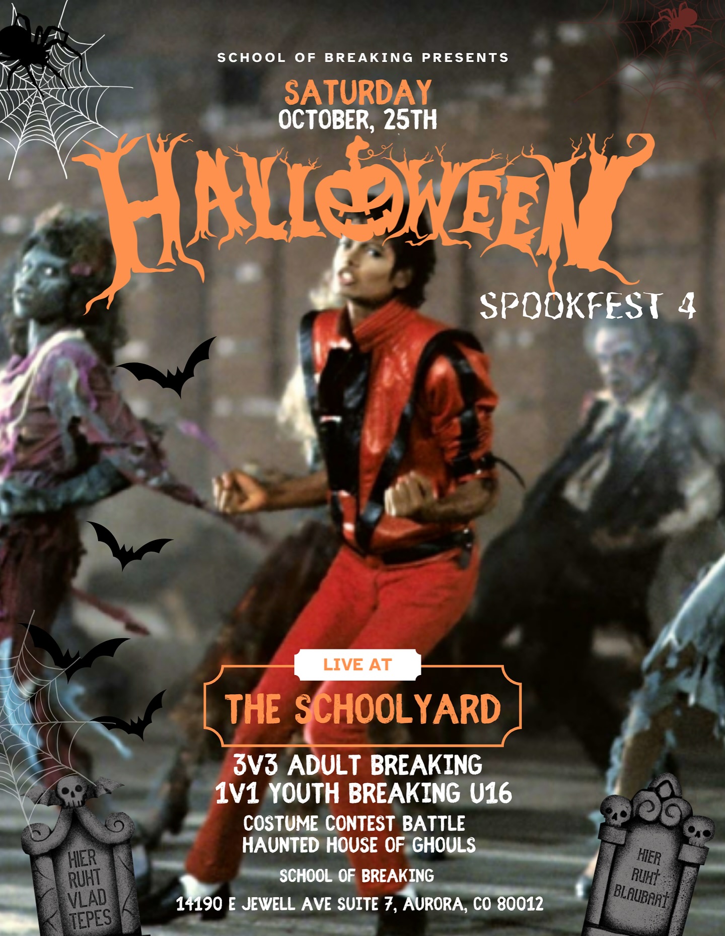 We are getting ready for our annual Halloween event, Spook Fest! Save the date and prepare your spooky costumes as we kick off our next Halloween celebration 🎃 

Happening Saturday, Oct. 25th, we’re mixing things up this year. Save the date—more information will be available soon!

Spook Fest 4 at School of Breaking 👻 

- 1v1 youth breaking battles (U16)
- 3v3 adult breaking battles
- Haunted house of ghouls
- Costume contest
- Cyphers
- A Spooky Good Time

We’ll have more info coming soon, so stay tuned 🦇