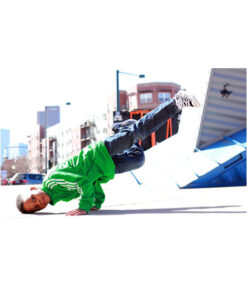 Bboy in Breaking Dance Freeze with city scape background..