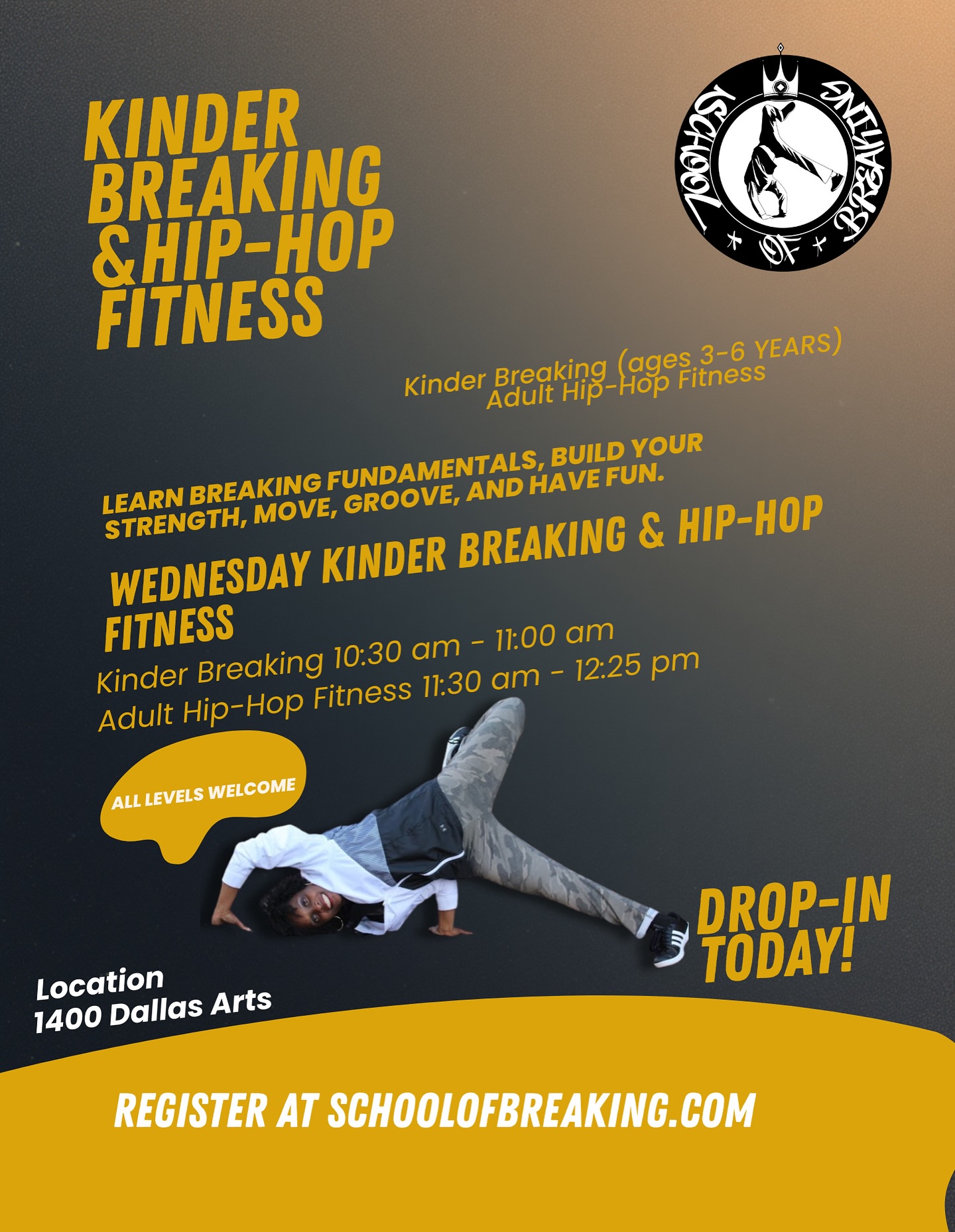 ✨ WEDNESDAY DANCE CLASSES with @tweezy.hiphop ✨ Now at our new location 📍 1400 Dallas Arts
🧒 Kinder Breaking (Ages 3–6) ⏰ 10:30 AM – 11:00 AM A fun, playful intro to breaking fundamentals while building: 💥 Confidence 🤝 Social connection 🧠 Body awareness & coordination
Perfect for little movers with BIG energy!
🕺 Adult Hip-Hop Fitness ⏰ 11:30 AM – 12:25 PM Get your sweat on while learning basic hip-hop dance moves 💦 🔥 Strengthen & condition your body 🔥 Boost confidence 🔥 Move, groove, and feel GOOD
🎶 All levels welcome — no experience needed! 📅 Every Wednesday 📲 DM to sign up or for more info 🎉 Come dance with us!

#schoolofbreaking #hiphopfitness #kinderbreaking #breaking #hiphop #culture #adultdanceclass  #dancecommunity