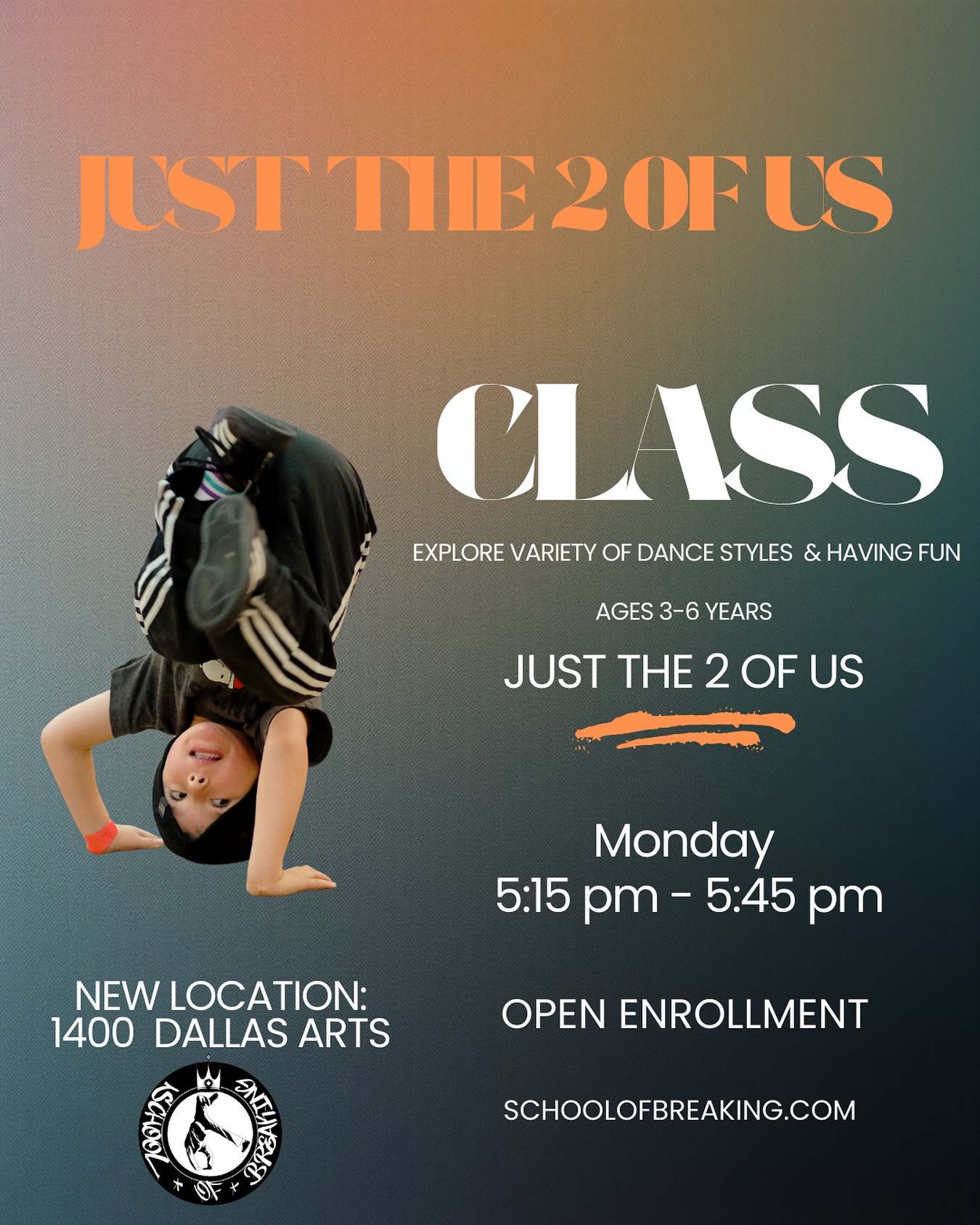 Dance into Monday with our Just The 2 of Us class. This class encompasses a diverse range of dance movements. It is designed for parents and little ones, facilitated by @tweezy.hiphop happening today at our new location

Monday class with Tweezy

Just the 2 of Us (3-6 years)
5:15 pm - 5:45 pm

New location:
1400 Dallas Arts

For more information on classes and programs, visit our bio!