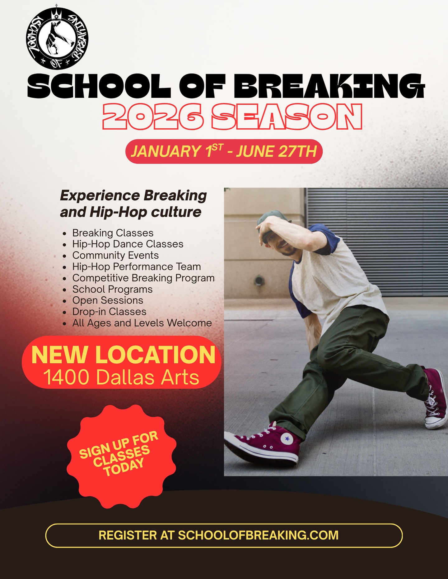Happy New Year! Our 2026 season kicks off on Monday, January 5th. Start your year on a high note at our new location, 1400 Dallas Arts, where there’s something for everyone. We’re excited to welcome back our students and new faces alike. Drop in for a class and jumpstart your year with us! ✨ 

What we offer:
Breaking classes ( all ages and levels)
Hip-Hop classes (all ages and levels)
Open sessions 
Community events 
Competitive breaking program 
Hip-Hop performance team 
School performances 

All are welcome to come move and groove into the new year!

New location:
1400 Dallas Arts 

For details on our classes and programs, check the link in our bio!