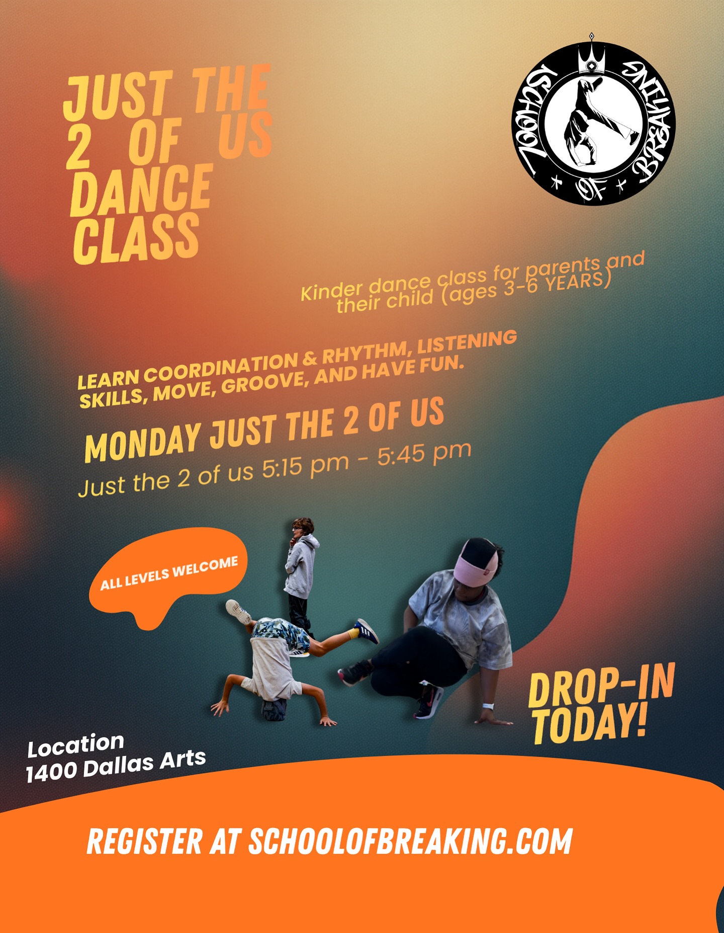 💙 Just the 2 of Us with @tweezy.hiphop 
 📅 Mondays | 5:15-5:45 PM 📍 1400 Dallas Arts

Ages 3-6 years/ A fun parent-and-child dance class infused with hip-hop and breaking! This class invites parents and their child to move, groove, and explore dance together while building coordination, rhythm, and listening skills. No experience needed—just come ready to have fun and make memories!

📅 Every Monday  📲 DM to sign up or for more info 🎉 Come dance with us at our new location
