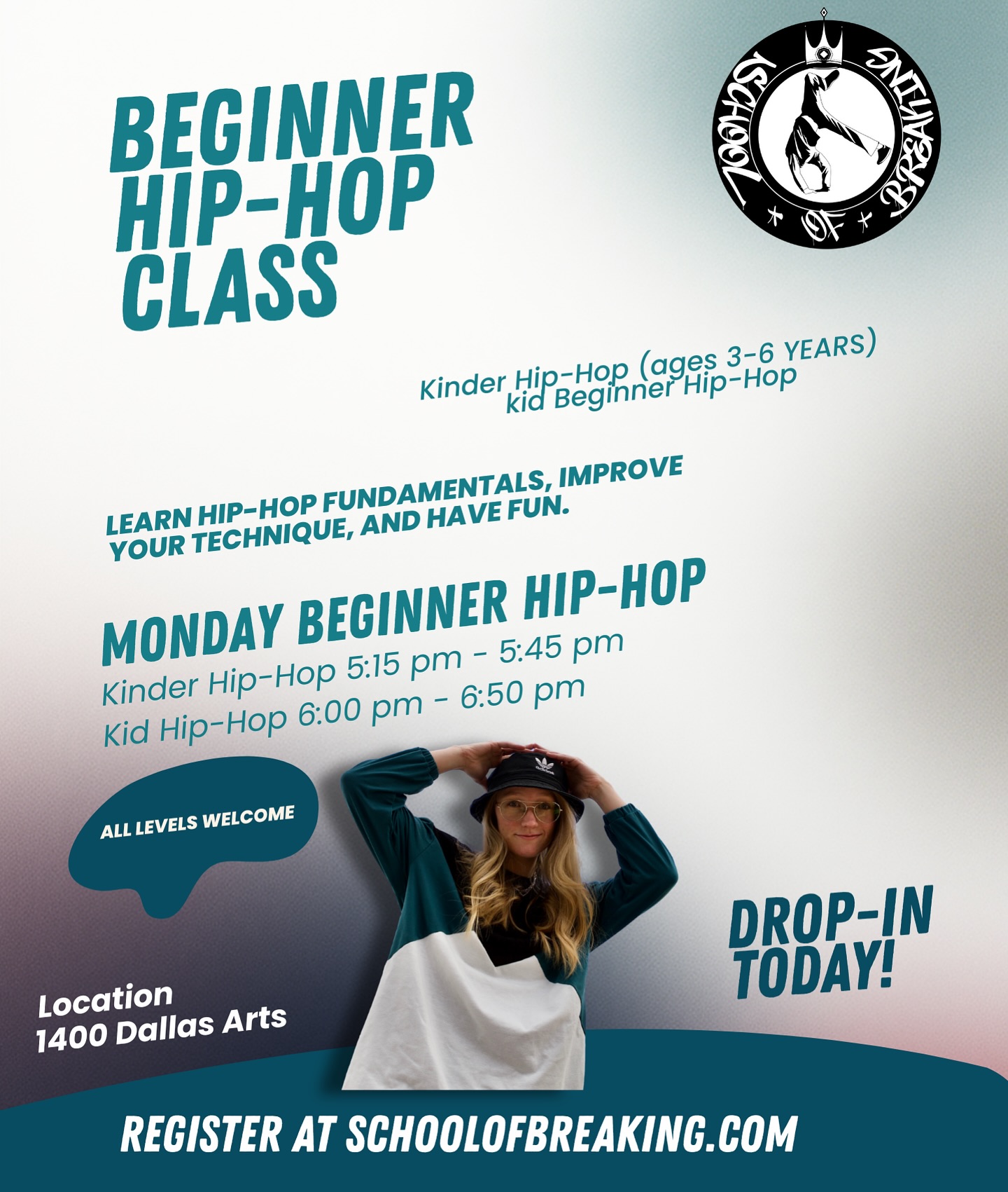 🕺 Beginner Hip-Hop Mondays
with @andreaadelmann9 

📍 1400 Dallas Arts

Fun. Foundations. Confidence.
These beginner hip-hop classes introduce dancers to hip-hop fundamentals, grooves, musicality, and choreography—all in a positive, high-energy environment. No experience needed!

✨ Kinder Hip-Hop (Ages 3–6)
🕔 5:15–5:45 PM
A playful intro to hip-hop using music, movement, and imagination. Builds coordination, rhythm, listening skills, and confidence—perfect for first-time dancers!

🔥 Kids Hip-Hop (Ages 7+)
Beginner Level
Learn hip-hop from the ground up! Focus on grooves, technique, musicality, and fun choreography while building confidence and control.

📅 Every Monday
📲 DM to sign up or learn more
🎉 Join us at our new location!