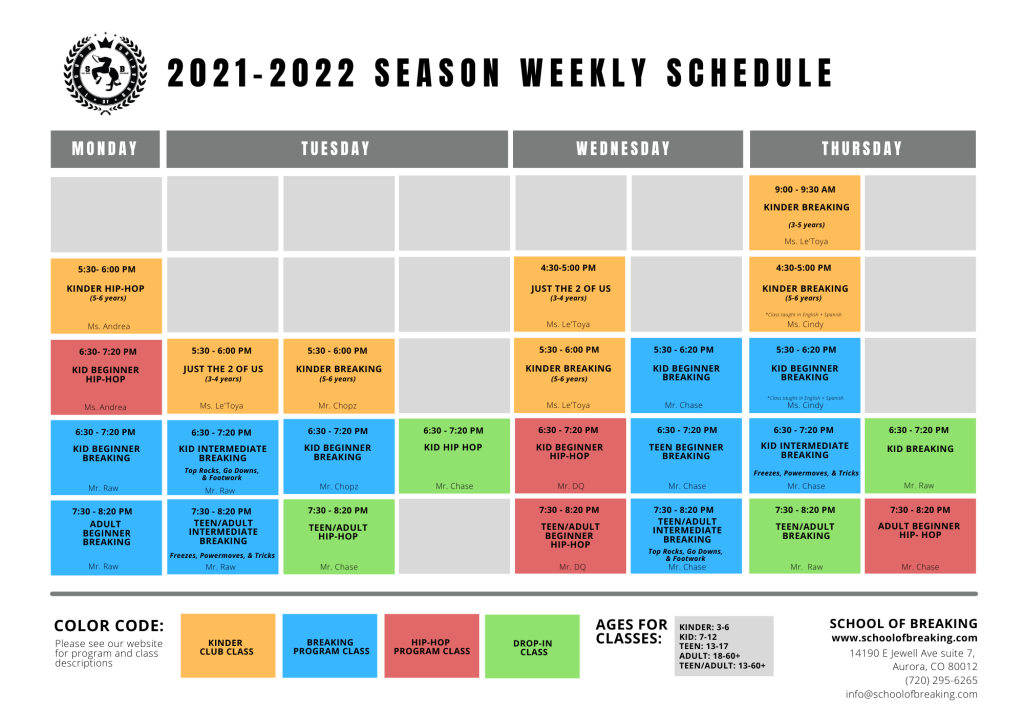 full Hip-Hop and Breaking dance class schedule for 2021/2022 season