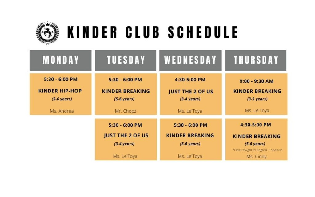 Kinder Club dance class schedule for 2021/2022 season