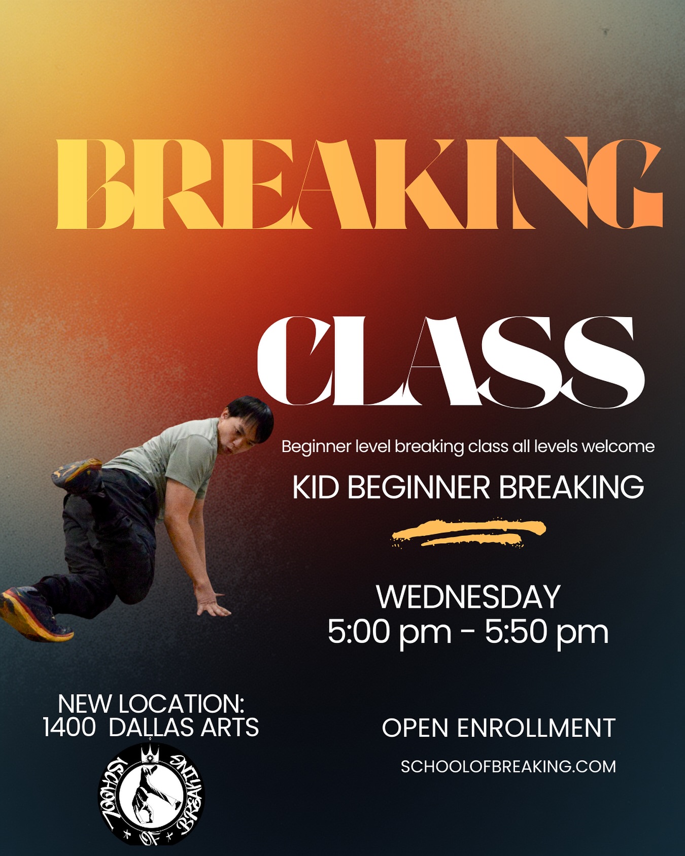 Wednesday kid beginner breaking with @krischian_nemui learn the breaking fundamentals in our beginner-level breaking class going down at our new location! 

Wednesday Breaking Class Schedule 

Kid Beginner Breaking with @krischian 
5:00 PM - 5:50 PM

New location:
1440 Dallas Arts

For more info on classes and programs link in our bio!