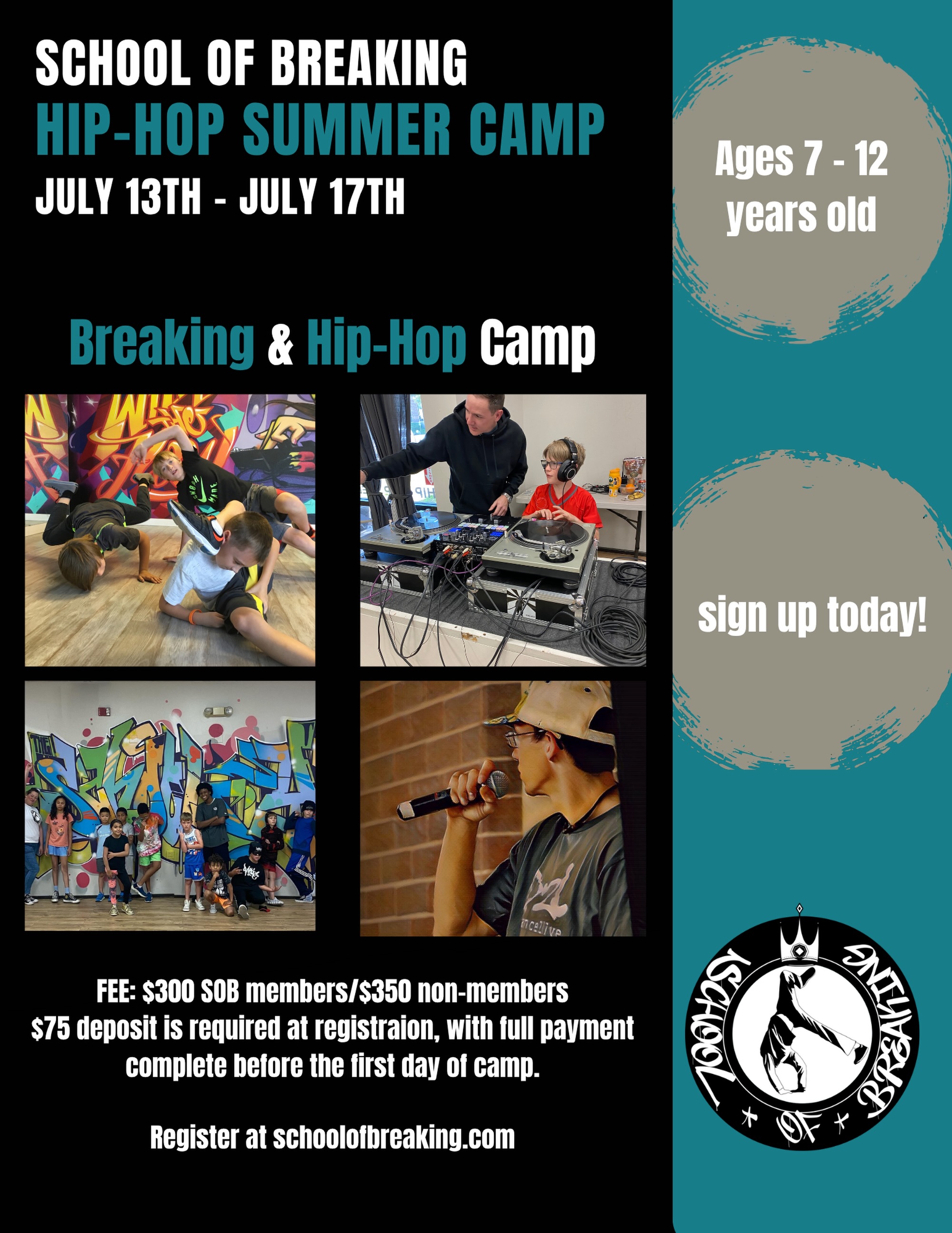 🔥 Hip-Hop Summer Camp is HERE! 🔥
Get ready for an unforgettable week of creativity, movement, and Hip-Hop with School of Breaking!

📅 July 13th – 17th ⏰ 8:00 AM – 4:00 PM (All-Day Camp) 📍 AXL Academy – Aurora, CO 👦👧 Ages 7–12

This one-week camp is packed with fun and engaging activities, including: 🎧 DJing 🎨 Art 👟 Breaking  🌞 Outdoor excursions with Hip-Hop-inspired games and experiences

Whether your child is brand-new to Hip-Hop or already loves it, this camp is the perfect place to build confidence, learn new skills, and connect with others 🤝

Spots are limited—don’t miss out on an epic summer experience!

Fee for Hip-Hop Summer Camp:
$300 SOB Members 
$350 Non Members
A $75 deposit is required at registration, with full payment complete on the day of camp

👉 Sign up today, link in bio, or visit schoolofbreaking.com for more details!
 #HipHop #SummerCamp #Breaking #art #youthprogram