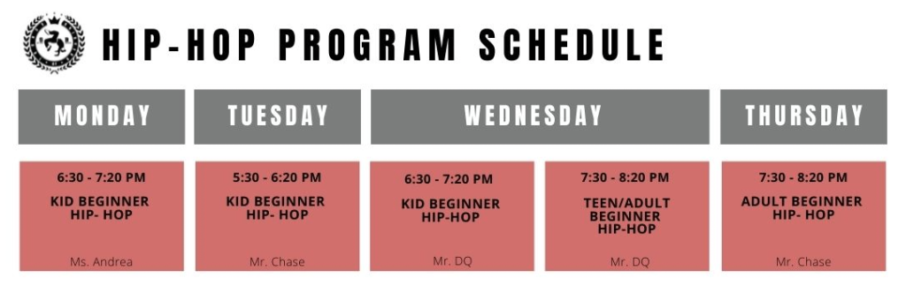 weekly schedule of hip-hop program clases