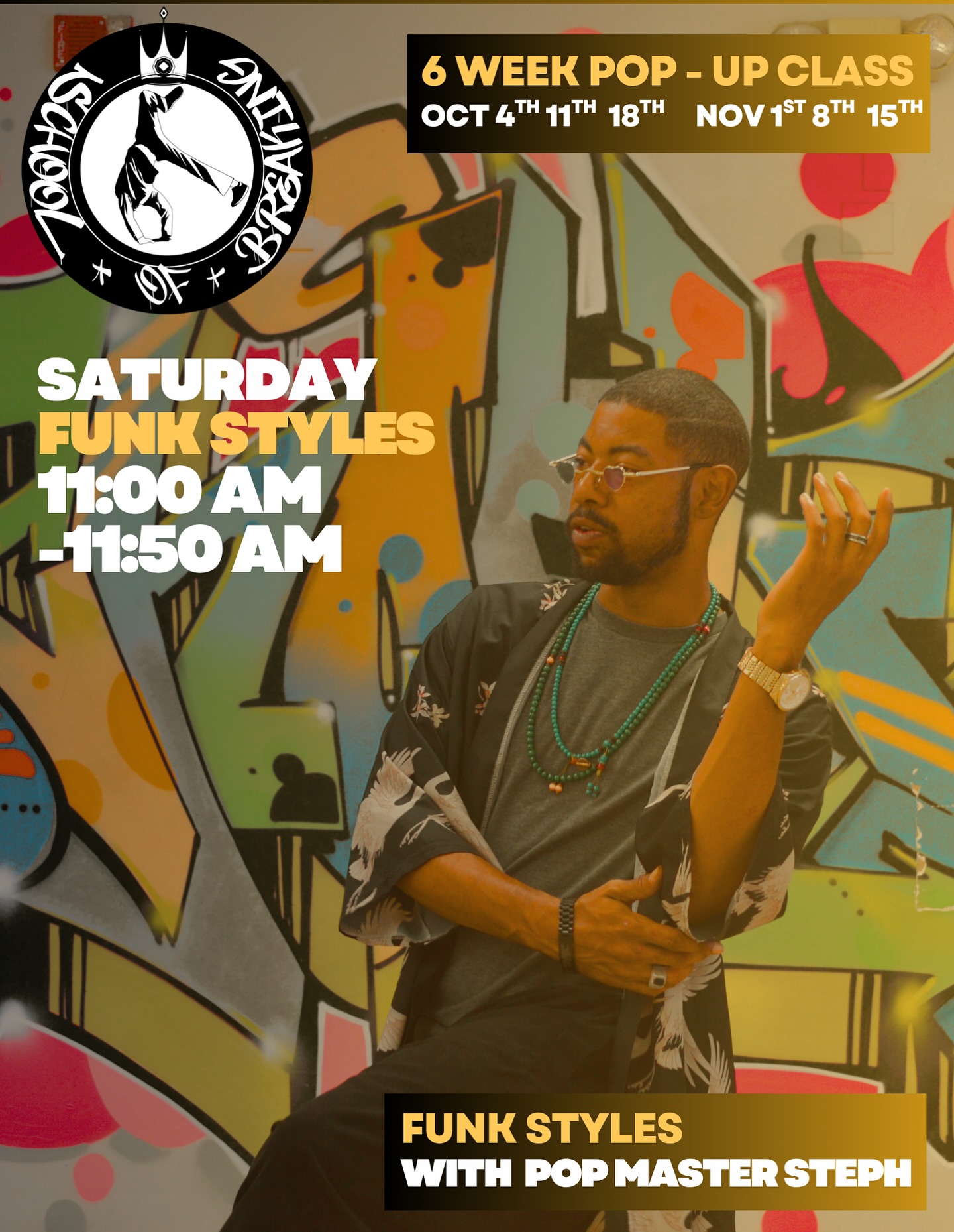 🚨New class alert In addition to our Saturday six-week pop-up classes, we will have popmaster_steph teaching a funk styles class.

Saturday Funk Styles at School of Breaking
Time: 11:00 am - 11:50 am
This class will include popping, waving, tutting, strutting, locking, boogaloo, and more.

Get into the groove today and reserve your spot. Click the link in our bio to sign up for the class.