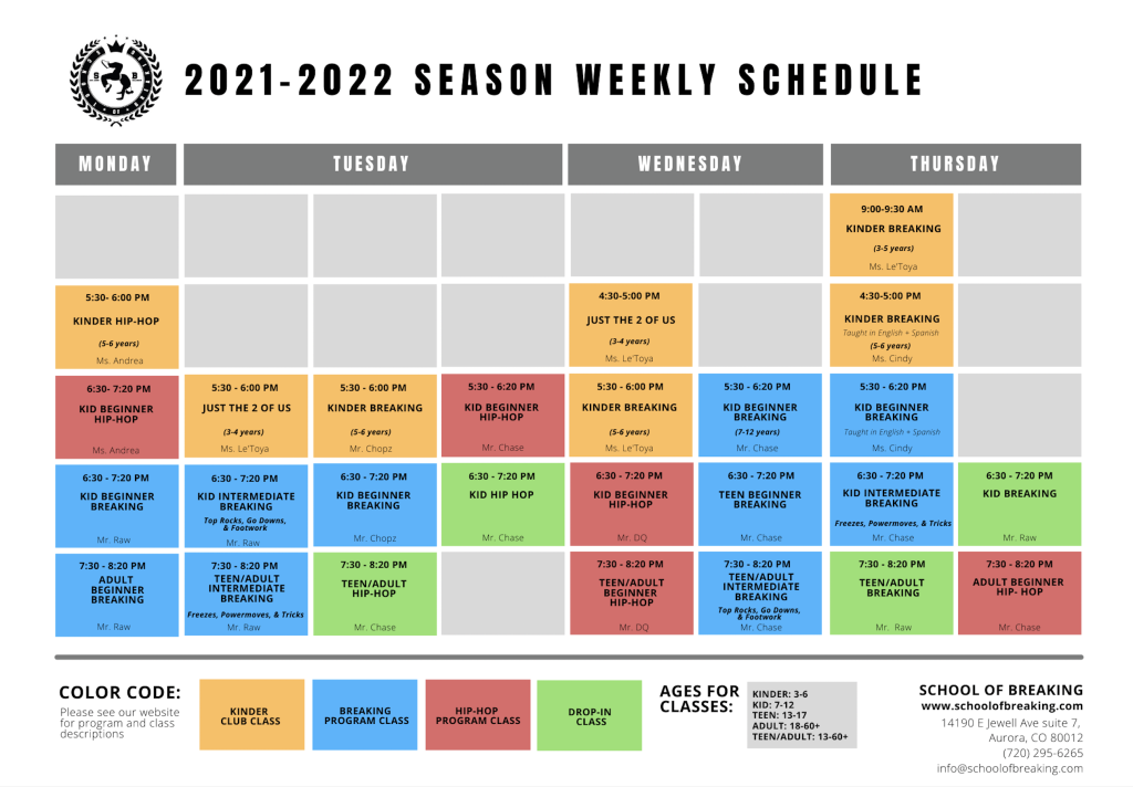 weekly calendar of dance classes