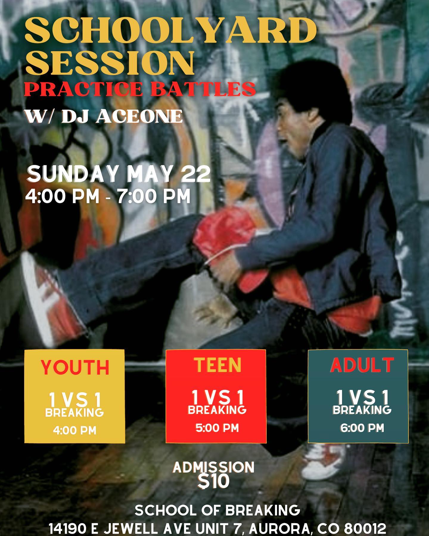 SchoolYard Session Practice Battles going down tomorrow Sunday May 22nd 🔥🔥

We welcome Bboys and Bgirls of all levels and ages to come test your skills. If you are either new to battling or just want to level up your battle skills, come rock with us.

🎧 DJ @_ace0ne dropping hype beats 
🫱 @sunraw_tfs @binhyasha @bgirlemerge on the judging panel

💰Cash prizes for the winners of each category: 
🏆 Youth $20
🏆 Teen $25
🏆 Adult $50

#schoolofbreaking #expressfreely #bboy #colorado #breakers #dancers #dance #bgirl #breaking #breakin #practice #battle #HipHop #cultue #peace #love #unity #having #fun #dance #schoolyardsession