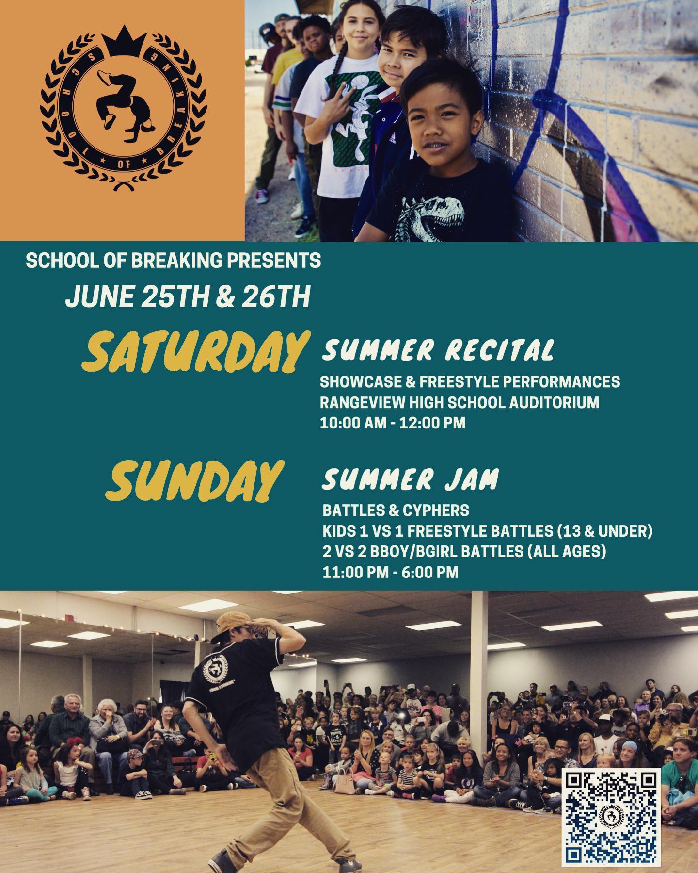 It’s creeping up we can’t wait to celebrate with all of our students, families, friends and CO Hip-Hop community😎🎉✌️

School Of Breaking Recital & Summer Jam going down come join the festivities, hope to see you there 💯🎶🙌

SOB Recital 👉 Saturday, June 25th at Rangeview High School 

Summer Jam 👉 Sunday. June 26th in the SchoolYard

Tickets now on sale, click the link in bio to purchase 🎟

#schoolofbreaking #HipHop #dance #culture #bboy #bgirl #summerjam #recital #expressfreely #peace #love #unity #havingfun