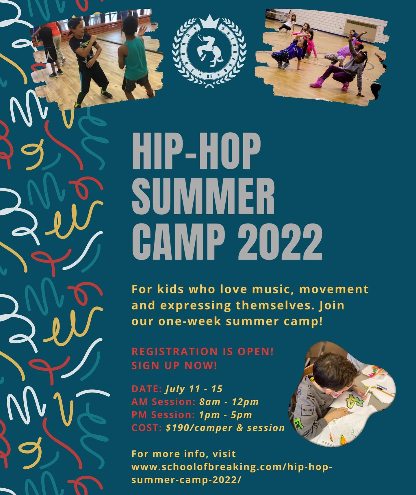 New alert 🚨 we’ve got our Hip Hop Summer Camp up next 😎

One week of exploring, dancing and having fun. Come express yourself through music and movement and learning about Hip Hop Culture 🎶💯

💥Going down July 11th - 15th 

💥Morning Hip Hop Camp 
8:00 am - 12:00 pm

💥Afternoon Hip Hop Camp
1:00 pm - 5:00 pm

To register for our Hip Hop Summer Camp link in bio 📲 

#schoolofbreaking #HipHop #summercamp #streetdance #freestyle #breaking #bboy #bgirl #explore #movement #music #culture #art #peace #love #unity #havingfun