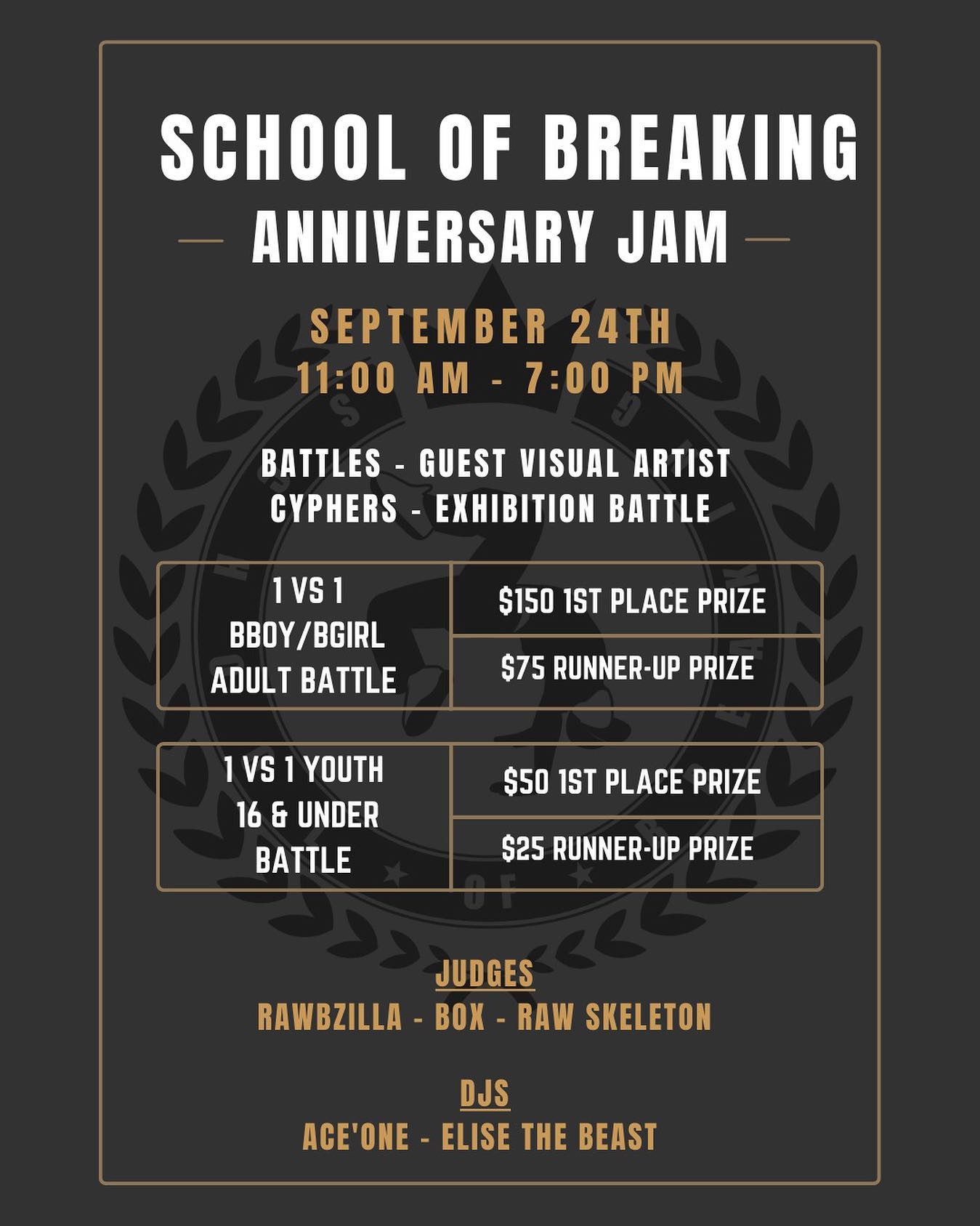Going down NEXT WEEKEND!  Don’t miss our 10 year Anniversary Jam. 

💥 1 vs 1 Adult Bboy/Bgirl Battles 
💥1 vs 1 Youth 16 & under Battles 
💥Exhibition Battle 
@selfreflectz vs @snoozejuststeezing_

💥Judges:
@bboyrawbzilla @boximusprime @sunraw_tfs 

💥DJs @eliselabeast @aceonemusic providing sounds for the event + a special live visual artist joining them

SAVE THE DATE! We can’t wait to celebrate with the community.

For more information link in our bio 

#schoolofbreaking #bboy #bgirl #HipHop #streetdance #culture #breaking #event #cypher #hiphopevent #freestyle #coloradohiphop #dancer #artist #expressfreely #peace #love #unity #havingfun