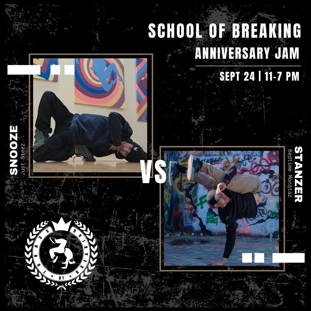 Going down THIS WEEKEND! Don’t miss our 10 Year Anniversary Jam 🎉

As part of the day’s festivities, we’ll be having two of Colorado’s own go head to head in an exhibition battle 👊👊 @snoozejuststeezing_ repping @jus.steez crew out of Colorado Springs VS @selfreflectz repping @bedtimemonstaz crew out of Denver 😤💯😤

Thes two have been putting in mad work and it’s been dope to see them rising to their own greatness 💯 Guaranteed that both Bboys will be bringing the HEAT!🔥💨 

We can’t wait to celebrate our anniversary with the community. Come get down! 

💥1 vs 1 Adult Breaking Battle
💥 1 vs 1 Youth 16 & Under Breaking Battle
💥DJs @aceonemusic @eliselabeast 
💥Judges @bboyrawbzilla @boximusprime @sunraw_tfs 

Link in bio for more info👆

#schoolofbreaking #10year #anniversary #jam #exhibition #bboystanzer #btm #bboysnooze #jussteez #bboy #bgirl #breaking  #battle #HipHop #streetdance #culture #expressfreely #peace #love #unity #havingfun #community #event