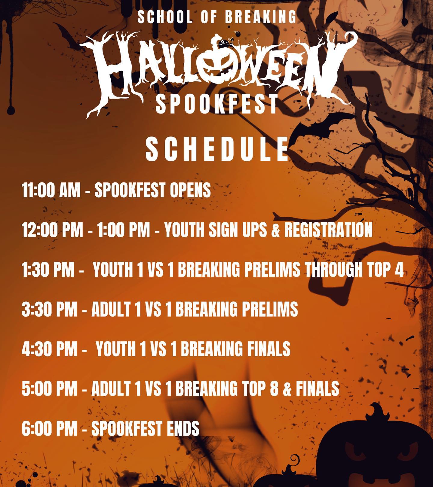 Today is the day who is ready to have a spooky good time 👻🎃

Check the schedule to plan accordingly, looking forward to celebrating this Halloween weekend with everyone. Let’s get spooky 😱

come Battle it out in your costume 🦹🏼‍♀️

💥1 vs 1 Youth Breaking 14 & under Breaking (Hosted by @scrappybreakers)
💥Haunted house 
💥Trunk - O - Treat 

💥Adult 1 vs 1 Breaking 
💥Halloween costume contest

💥Judges - @gustavoavelar27 @sunraw_tfs @bobbybrownrice 

💥DJ - @aceonemusic 

This year we will have a spooky haunted house and a Trunk-Or-Treat 🍭🎃 And we couldn’t have a Halloween jam without a costume contest 🧛🏾‍♂️🧙‍♀️

Admission 
$15 per person
$12 (SOB members) 
Children 6 & Under Free with paying Adult

#schoolofbreaking #halloween #jam #spookfest #youth #breaking #battles #bboy #bgirl #lifestyle #hiphop #streetdance #culture #expressfreely #peace #love #unity #havingfun
