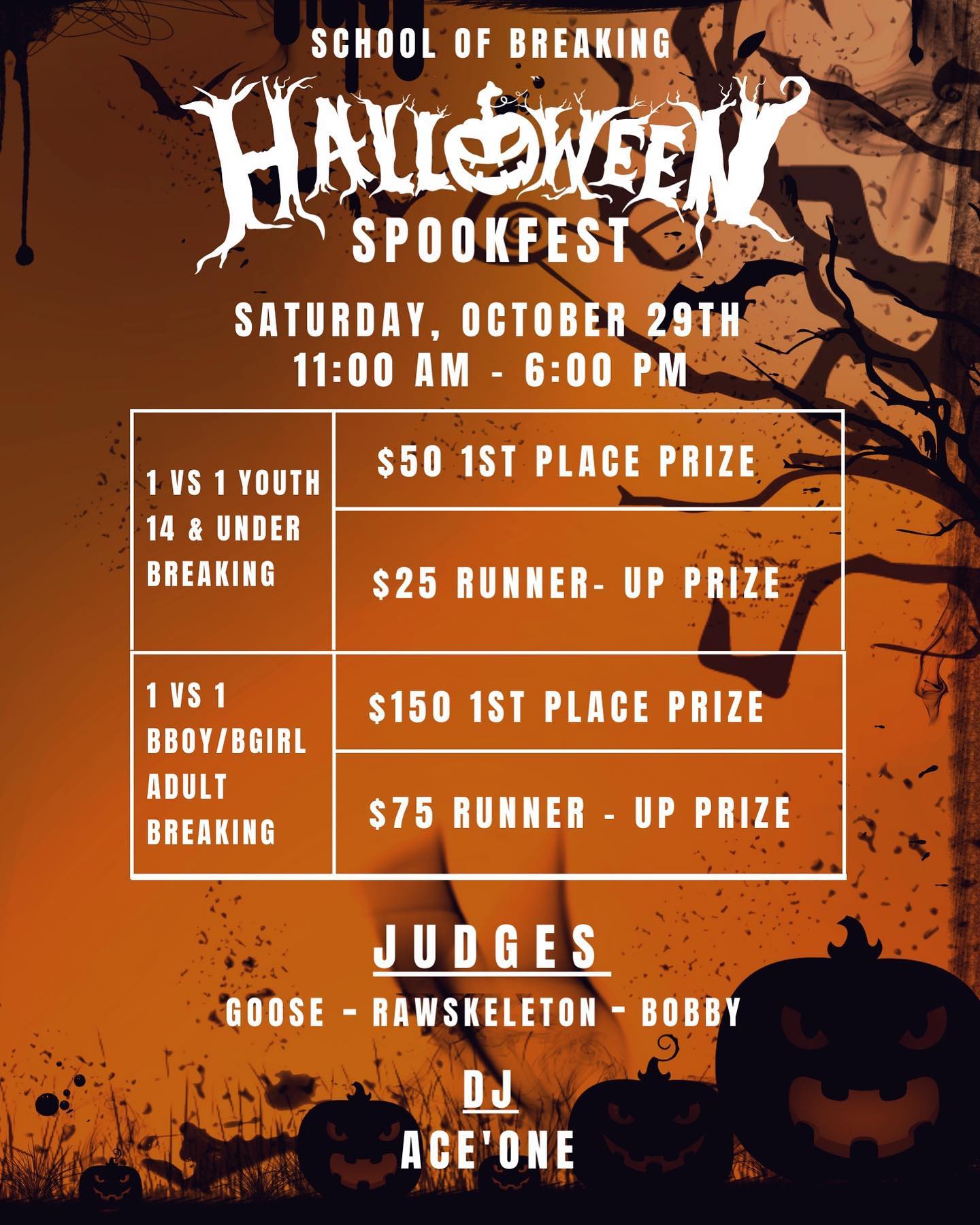 Who’s ready for “Spookfest” going down tomorrow 👻😱 

It’s time to get spooky with it. Come battle it out in your costume for cash and prizes 
🦹🏼‍♀️💰🏆

💥1 vs 1 Youth Breaking 14 & under Breaking ( Hosted by @scrappybreakers )

💥1 vs 1 Adult Breaking 
💥Haunted house 
💥Trunk-Or-Treat 
💥Halloween costume contest 

💥Judges - @gustavoavelar27 @sunraw_tfs @bobbybrownrice 

💥DJ @aceonemusic 

This year we will have a spooky haunted house and a Trunk-Or-Treat 🍭🎃 And we couldn’t have a Halloween jam without a costume contest 🧛🏾‍♂️🧙‍♀️

For more info and to purchase tickets, link in bio. 

#schoolofbreaking #halloween #jam #spookfest #youth #breaking #battles #bboy #bgirl #lifestyle #hiphop #streetdance #culture #expressfreely #peace #love #unity #havingfun
