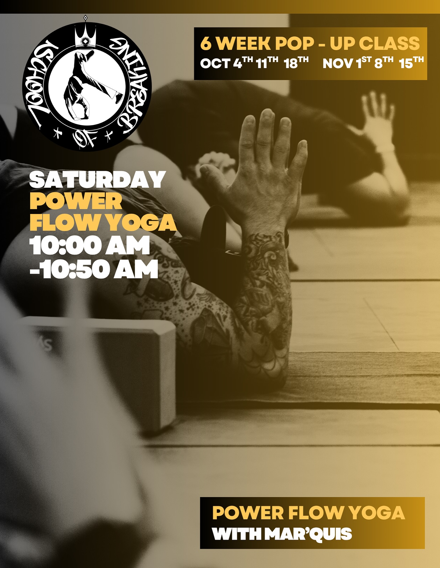 🚨 New pop-up class begins this Saturday! Join us for a 6-week Power Flow Yoga series with @wandering_q28, emphasizing fluid movement and postures that enhance strength and flexibility.

Dates:
- Saturday, Oct 4, 11, 18
- Nov 1, 8, 15

Time: 10:00 am - 10:50 am

Location: School of Breaking

To sign up for class click the link in our bio!
