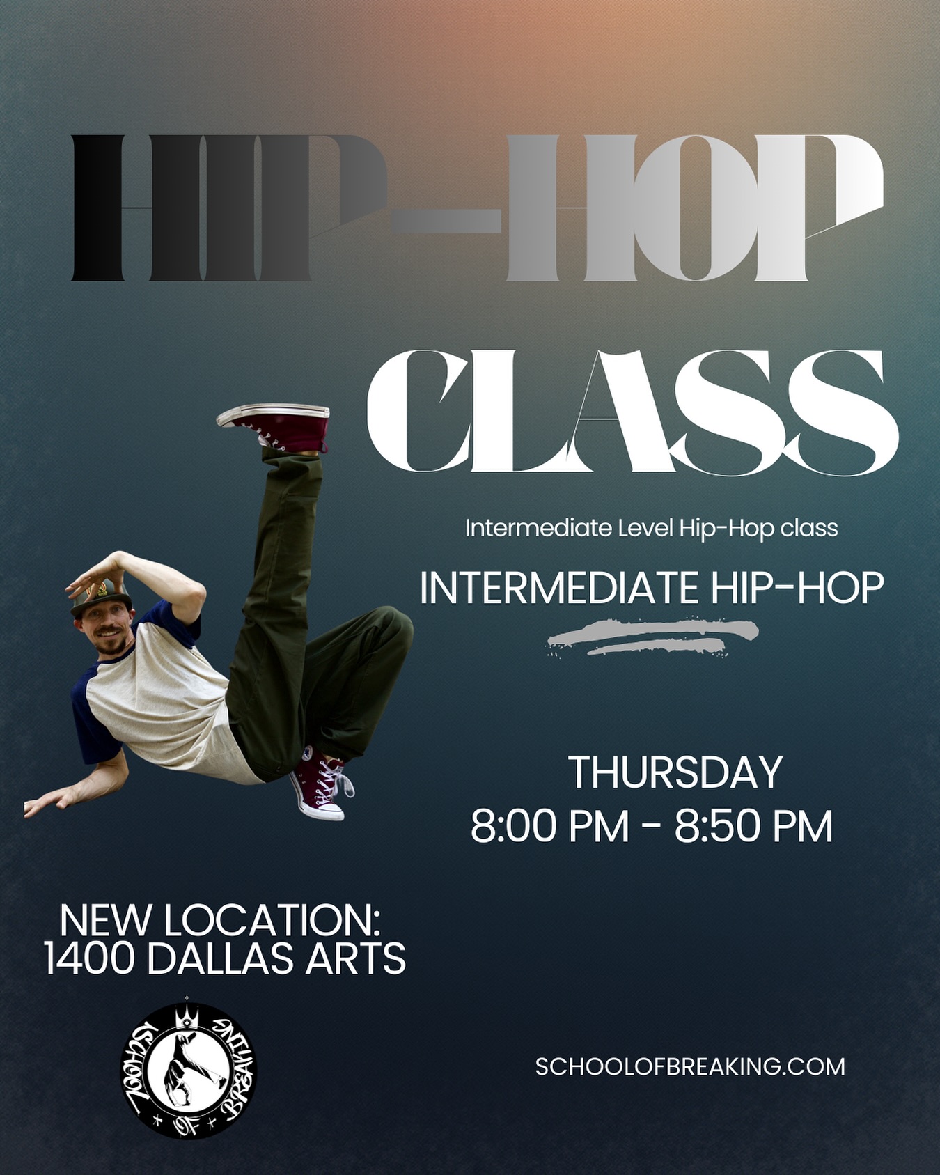 Thursday Intermediate Hip-Hop with @chase.no1ne tonight at our new location!

Thursday Intermediate Hip-Hop
8:00 pm - 8:50 pm

New Location:
1400 Dallas Arts

For more info on classes and programs, click the link in our bio!