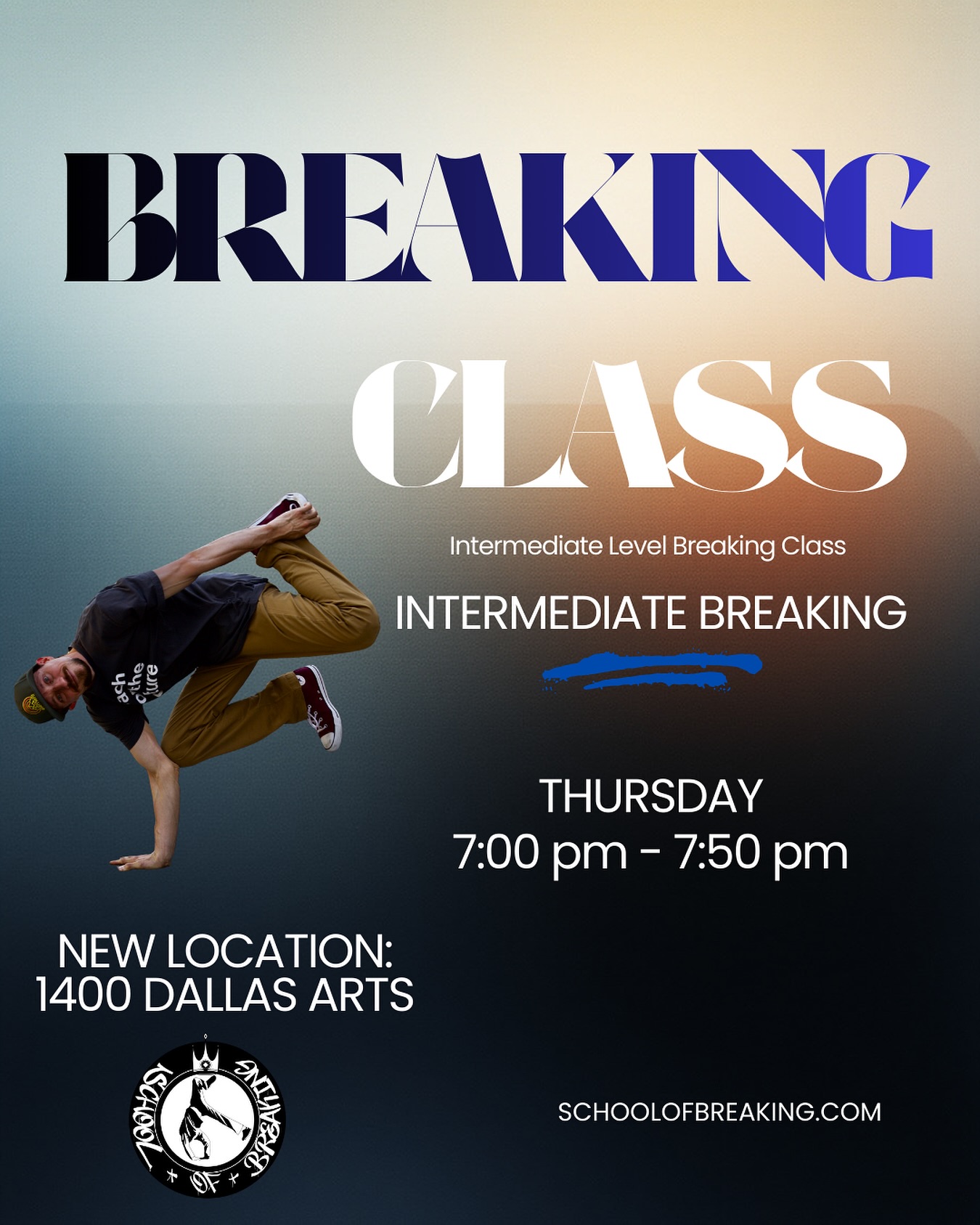 Thursday Intermediate Breaking with @chase.no1ne tonight at our new location 🙌

Thursday Intermediate Breaking
7:00 pm - 7:50 pm

New location:
1400 Dallas Arts